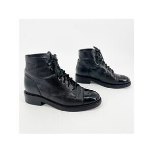 Chanel 2020 Black Leather CC Logo Cap Toe Lace Up Combat Ankle Booties EU 37